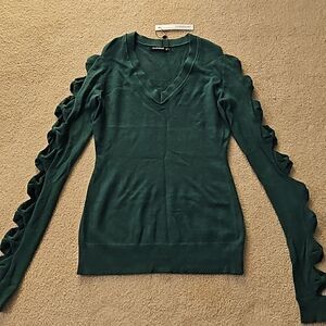 Amélieboutik Women Bow hollow sleeve V-neck sweater Moss green S
